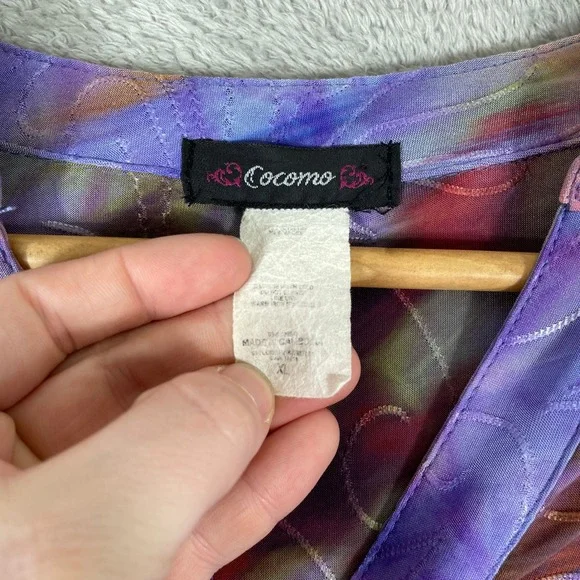 Cocomo Blouse Women XL Purple Tie Dye Bell Sleeve Pleated Henley Boho Whimsigoth - Picture 3 of 9